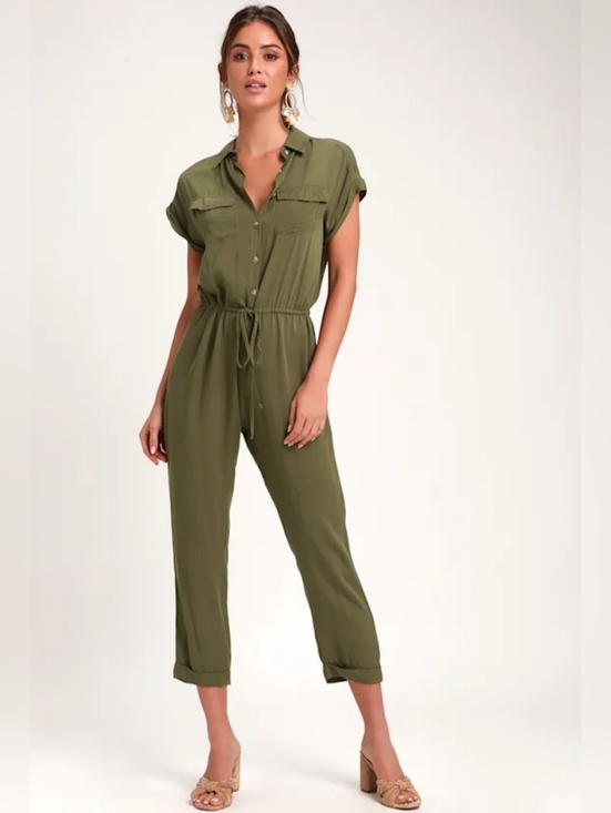 Lulus Pants - Olive Green Utility Safari Jumpsuit w/Front Pockets, Cinched Drawstring, Chic